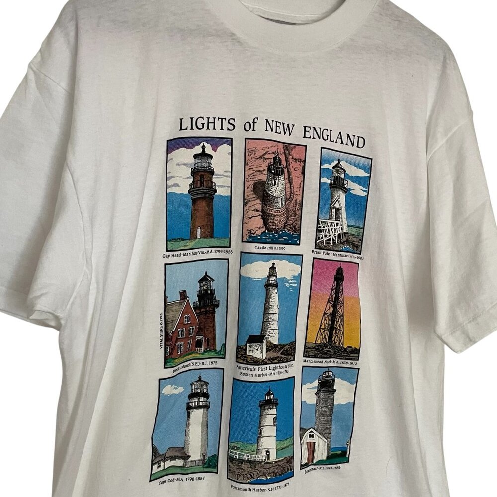 Vintage 90s Lights of New England T Shirt XL White Single Stitch Lighthouses